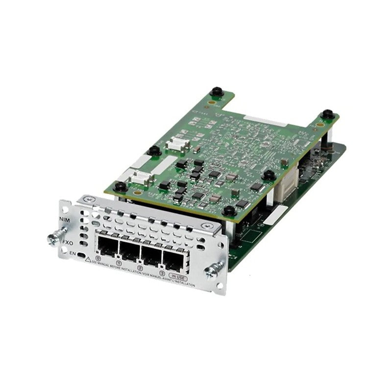 Cisco NIM-4FXO 4-port FXO voice module with green PCB and silver frame