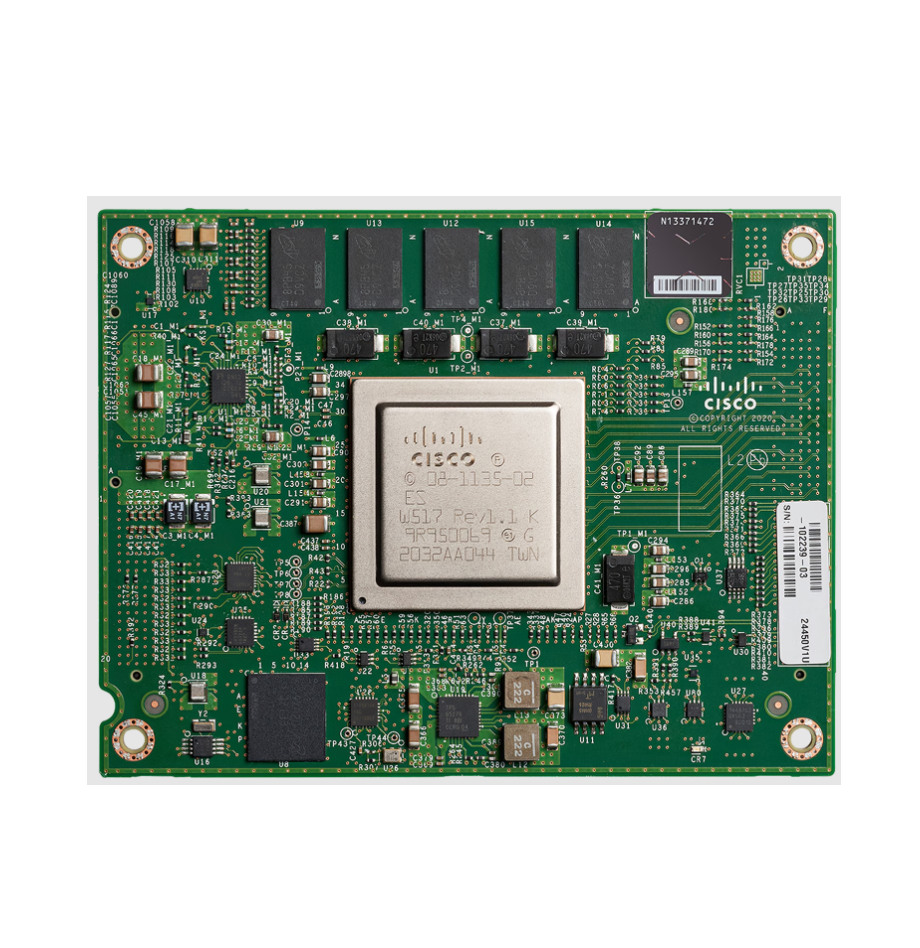 Cisco asr-1002-x router board with green pcb silver processor and black memory modules in Catalyst ESS9300 10x 10G SFP+ switch