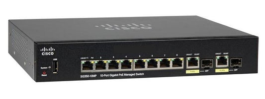 Cisco SG350-10MP-K9-AU | 8x 1G RJ45 PoE+ (802.3at, 124W) + 2x 1G SFP uplinks | L2/L3 static | No license