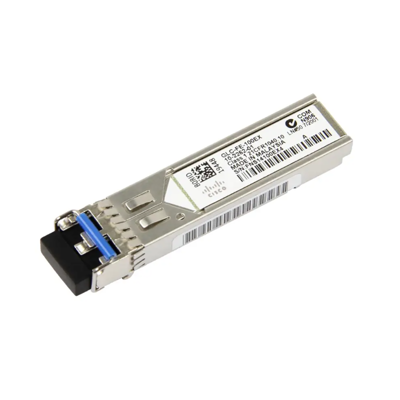 Cisco GLC-FE-100EX 100BASE-EX SFP transceiver module with blue accents
