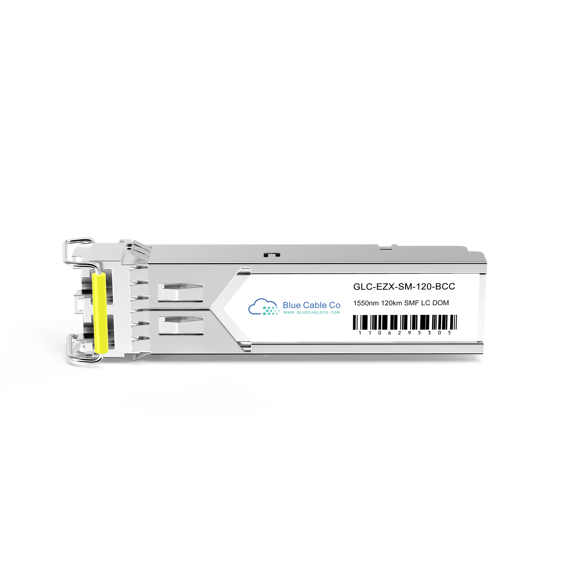 Silver metallic cisco compatible 1gb single-mode sfp transceiver with yellow latch and model glc-ezx-sm-120-bcc label