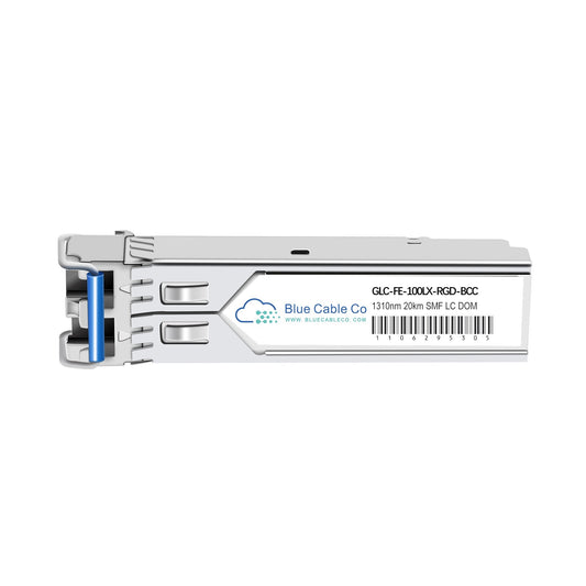 Cisco-compatible GLC-FE-100LX-RGD-BCC silver SFP transceiver with blue accents