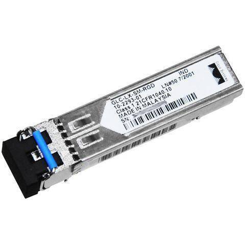 Cisco GLC-LX-SM-RGD 1G SFP transceiver with silver fiber optic module