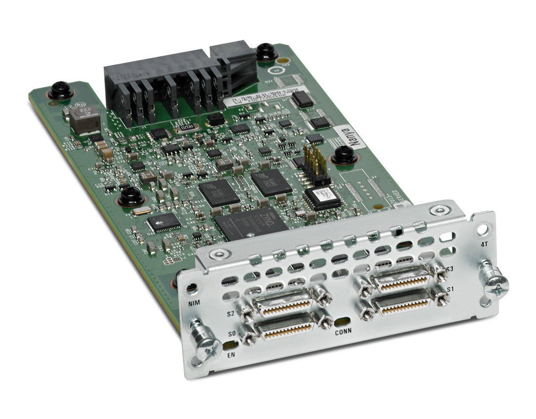 Cisco NIM-4T network switch module with silver circuit board and green components