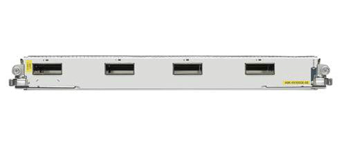 Cisco A9K-4X100GE-TR silver line card with 4 USB ports and yellow labels