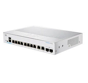 Cisco CBS250-8T-E-2G silver switch with black ports and white label