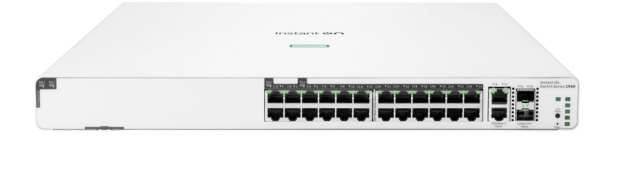 White rectangular Aruba jl807a instanton 1960 24-port gigabit poe+ switch with black ethernet ports and green lights