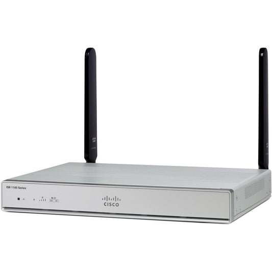 Cisco C1111-8PLTELA-DNA silver router with black antennas and logo
