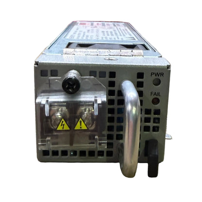 Gray metal cisco n540-pwr400-d 400w dc power supply unit with handle ventilation grilles and warning labels backside view