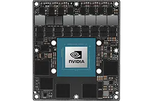 Nvidia Jetson AGX Orin 64GB AI computing module with blue central chip and intricate circuitry for high performance AI tasks