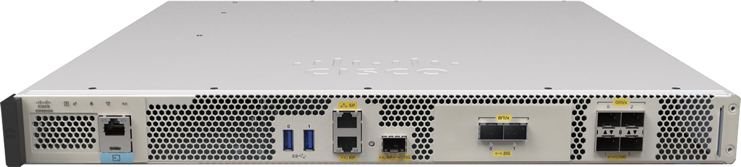 Backside of silver cisco cw9800m wireless controller rack with multiple network ports and ventilation holes for 3000 aps