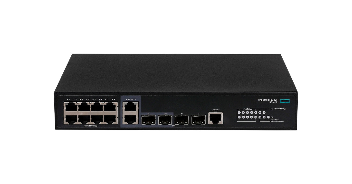HPE R8J42A 8-port 1G L3 EI switch with 2 combo uplinks, sleek black design