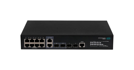 HPE R8J42A 8-port 1G L3 EI switch with 2 combo uplinks, sleek black design