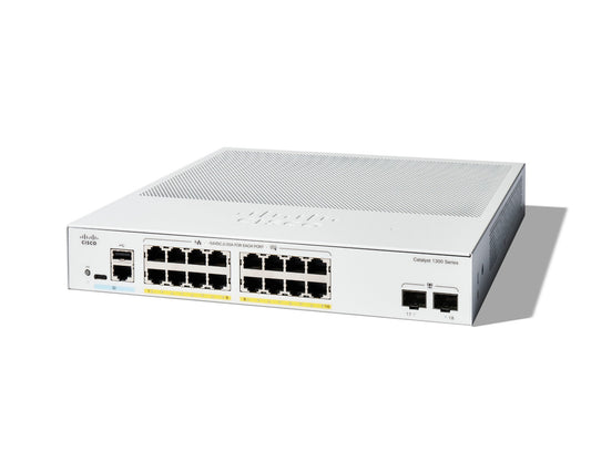 Cisco C1300-16FP-2G | 16x1G RJ45, PoE+ 802.3at (Full), 2x1G SFP uplinks, L2/L3 managed (license-free)