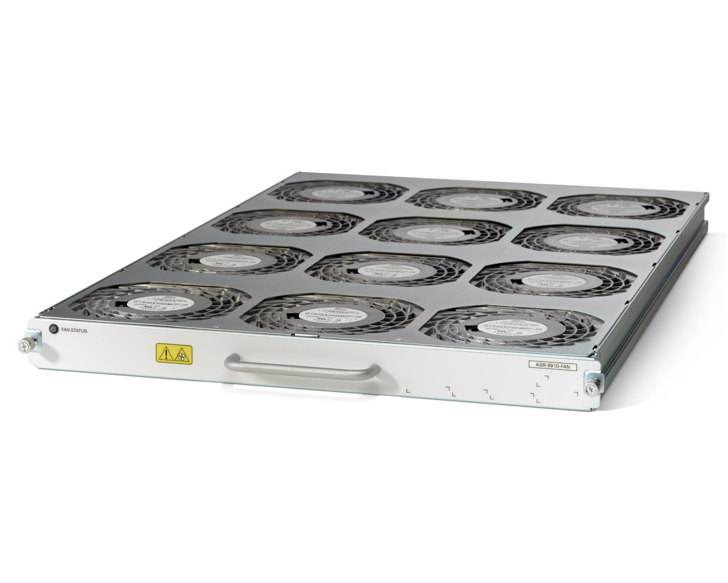 Cisco ASR-9910-FAN silver server rack with circular fans and warning label