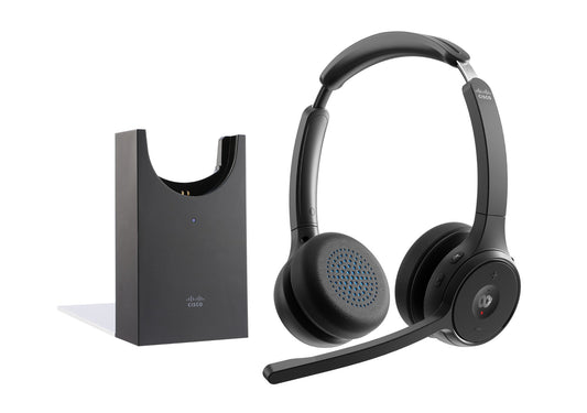 Cisco HS-WL-722-BUNAS-C | Wireless Dual On-Ear Bluetooth Headset | Webex Button | USB-A HD BT Adapter | Charging Stand | Carbon Black | Bluetooth 5.0 | Range up to 30 m | Up to 20 h talk | Noise-canceling boom mic | Multipoint (2 devices)
