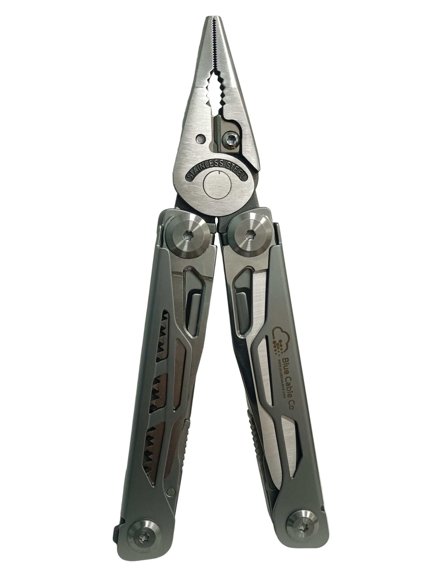 Blue Cable Co 16-in-1 multitool pliers with black silver handles and sheath