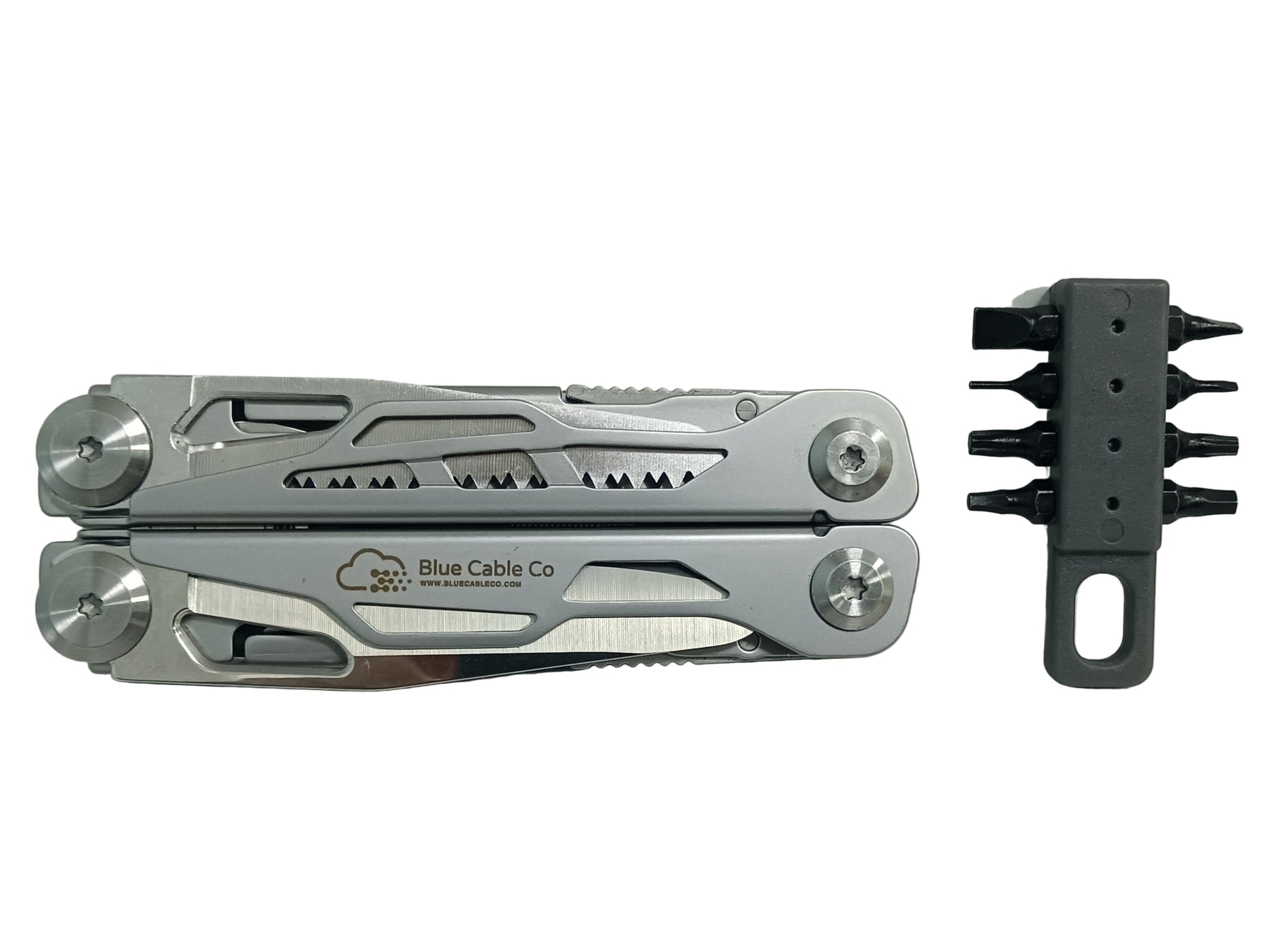 Blue Cable Co 16-in-1 stainless steel multitool with silver pliers and black accents