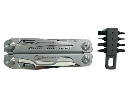 Blue Cable Co 16-in-1 stainless steel multitool with silver pliers and black accents