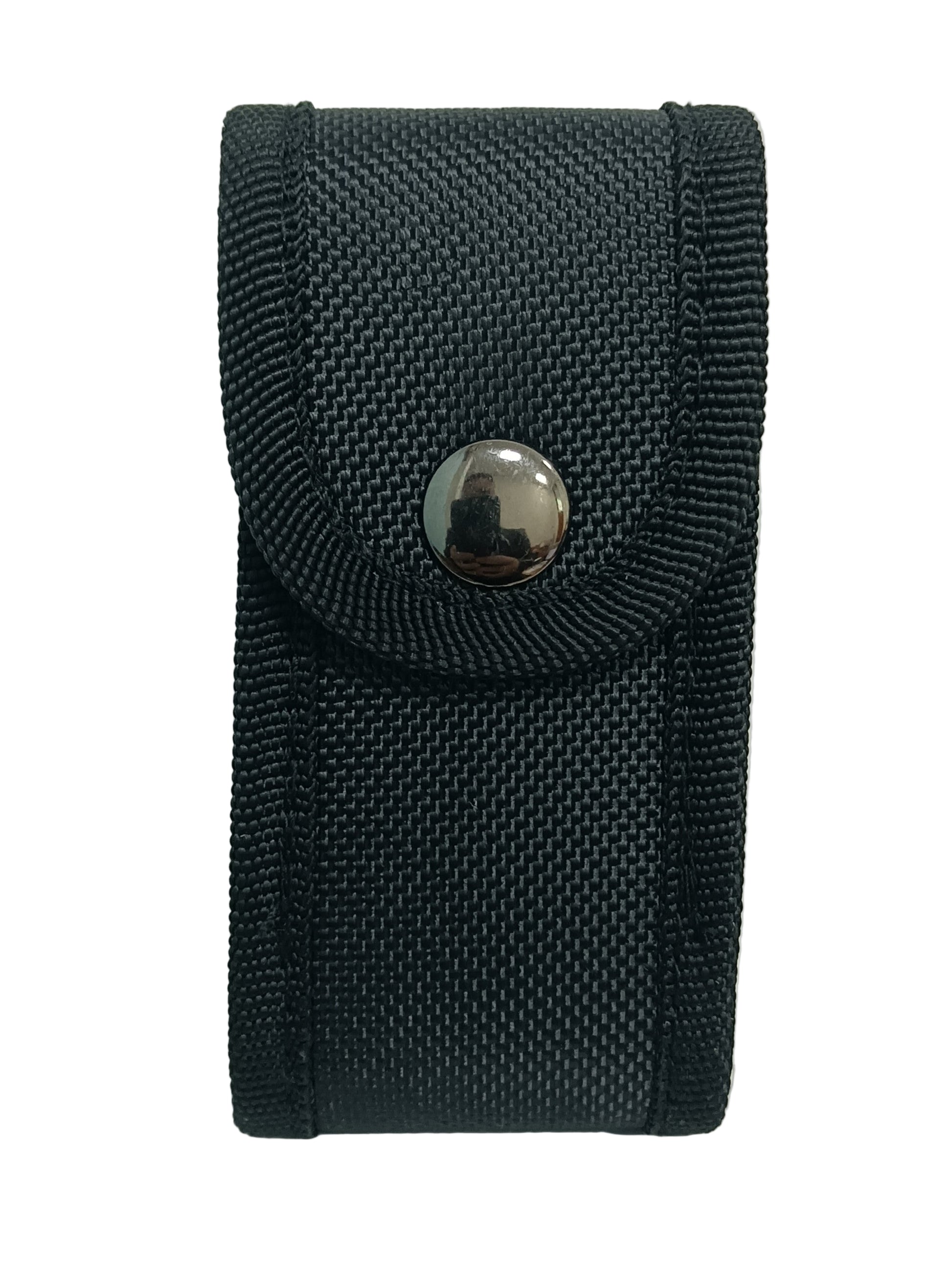 Black canvas phone pouch with snap closure and metallic button