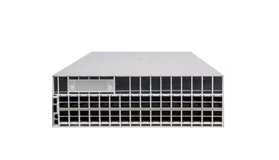 Silver-colored cisco nexus 9300 64-port 800g switch with black ventilation slots and perforated panel on the back side