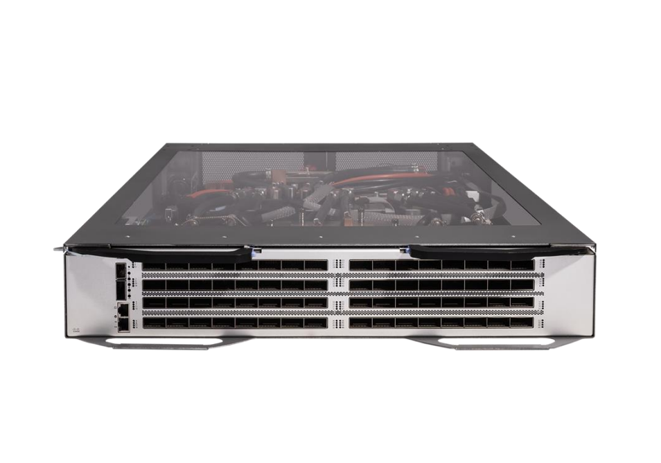 Black and silver Cisco N9364F-SG3-L Nexus 9300 64-port 1.6T OSFP switch with transparent top panel showing internal components