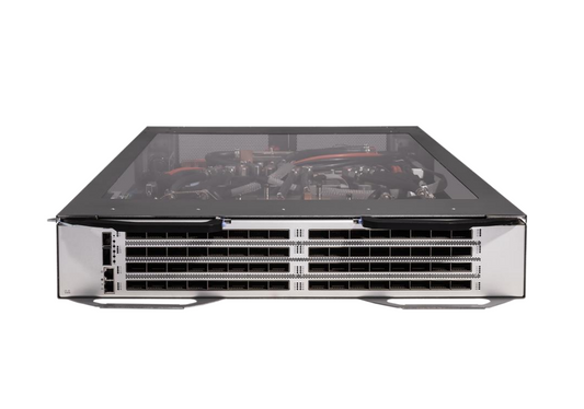 Black and silver Cisco N9364F-SG3-L Nexus 9300 64-port 1.6T OSFP switch with transparent top panel showing internal components