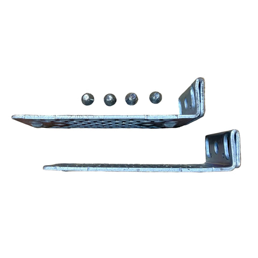 Silver galvanized L-brackets with grid pattern and screws for RCKMNT-1RU-1K rack mount kit