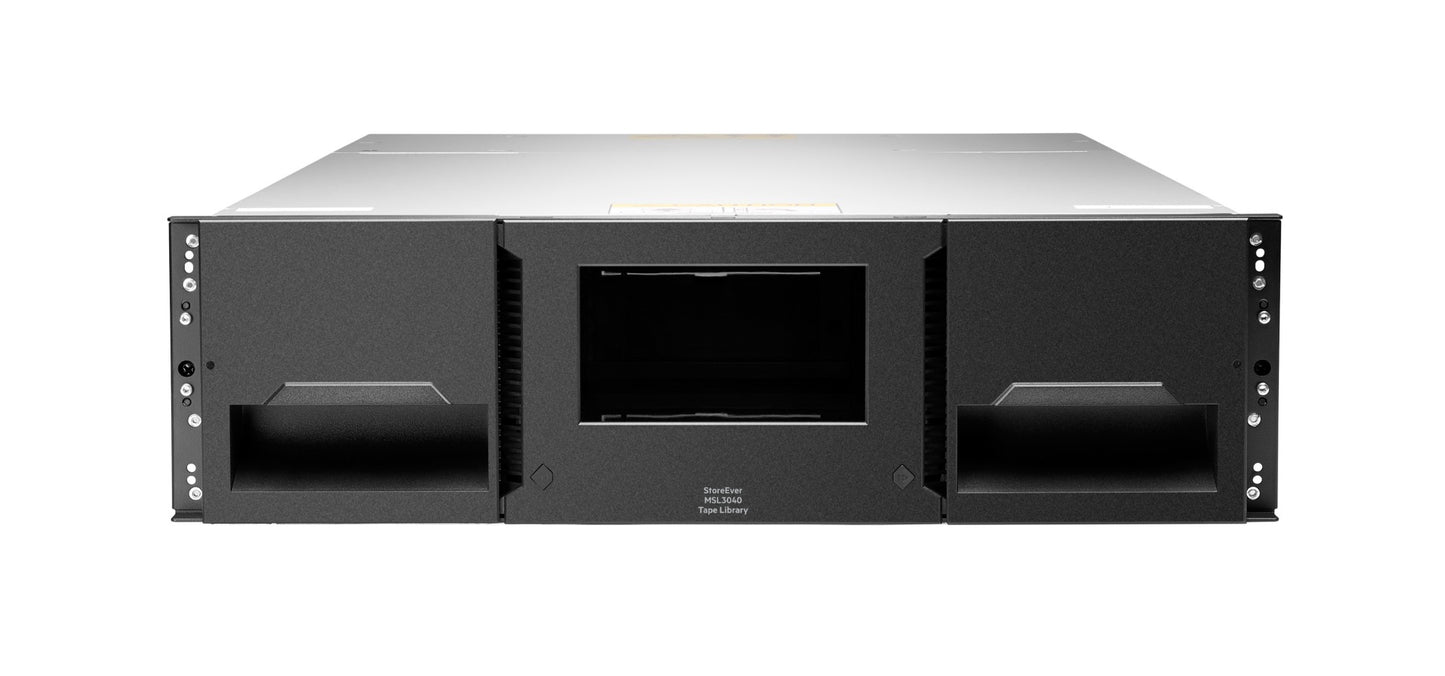 HPE Q6Q63A MSL3040 modular 3U tape library expansion with black rackmount server