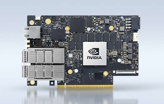 NVIDIA Jetson AGX Xavier module with gold black circuitry and 1x400G QSFP112 NDR InfiniBand PCIe Gen5 x16 HHHL bracket