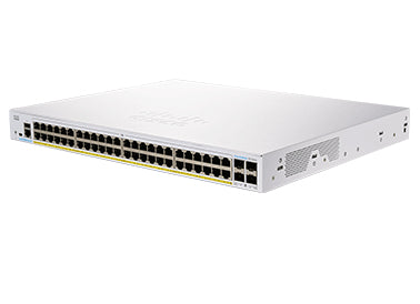 Cisco CBS350-48FP-4G-AU | 48x 1G RJ45 PoE+ (802.3at, 740W), 4x 1G SFP uplinks; L3 static routing; license-free
