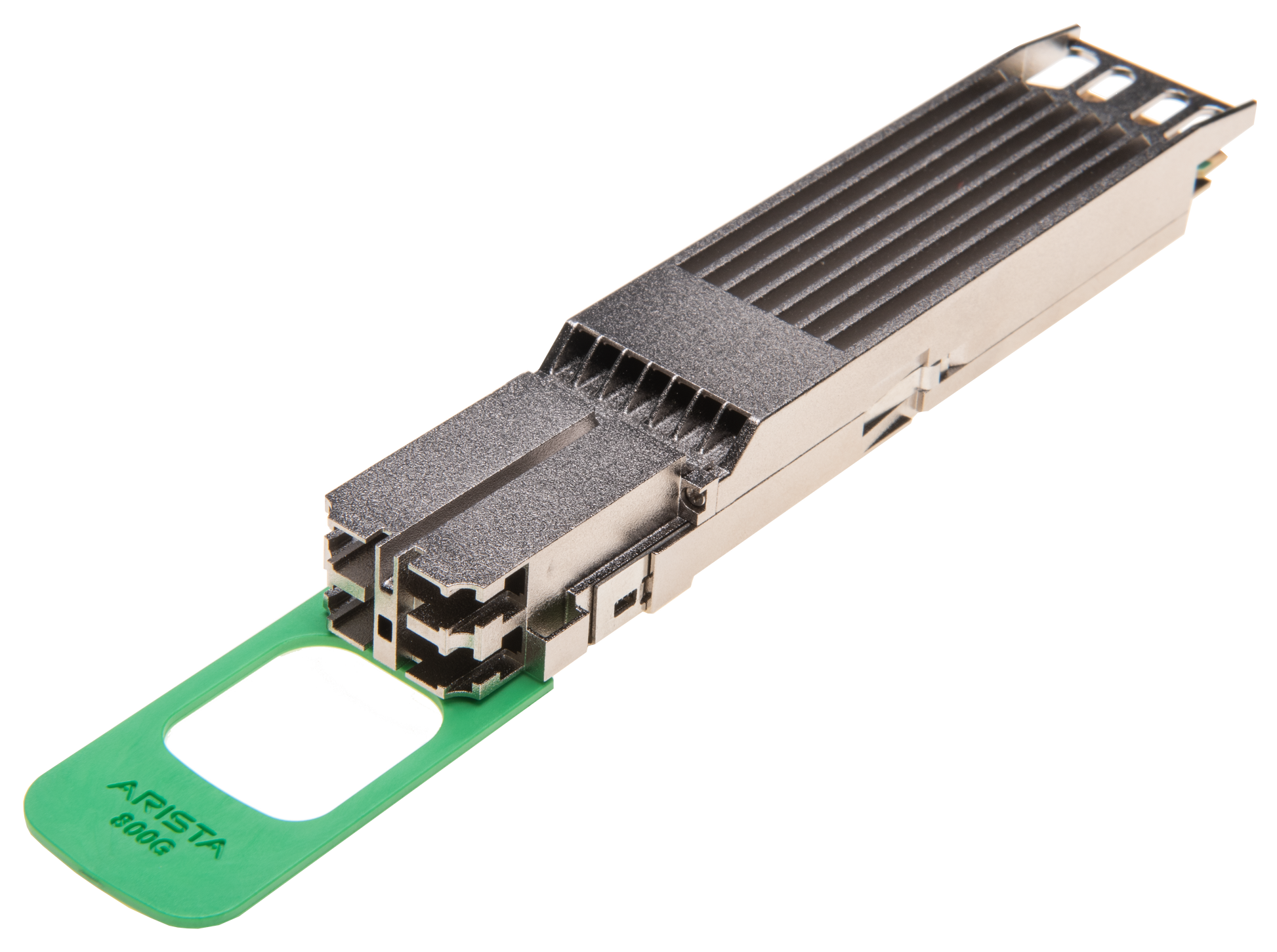 Arista osfp-800g-2fr4 800g transceiver with metallic housing and green label for 2x 400g fr4 dual lc use