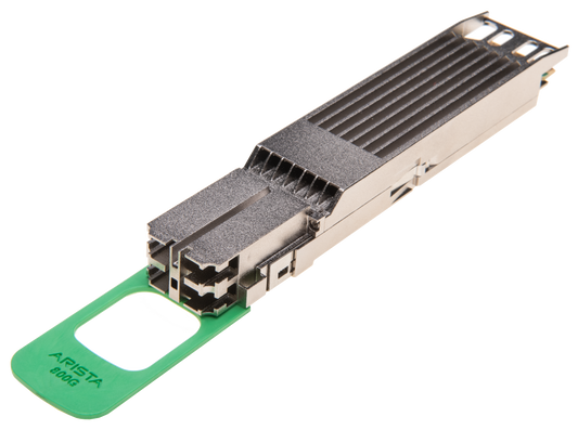 Arista osfp-800g-2fr4 800g transceiver with metallic housing and green label for 2x 400g fr4 dual lc use