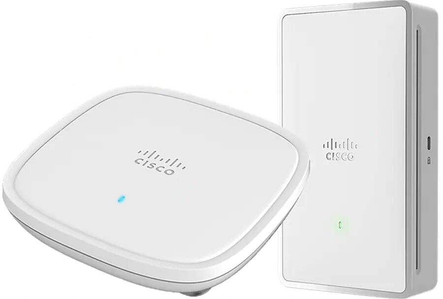 Cisco C9105AXI-EWC-Z white Wi-Fi 6 access point with blue LED