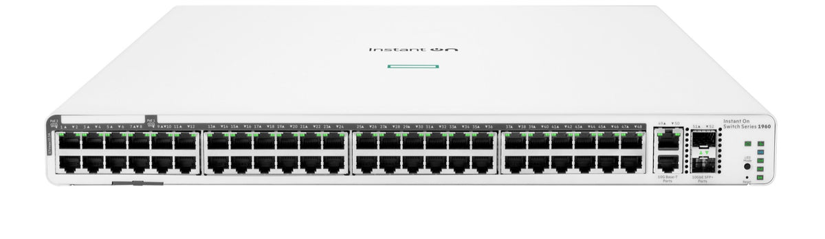 Aruba jl809a instant on 1960 white rectangular 48-port gigabit poe network switch with green indicator lights