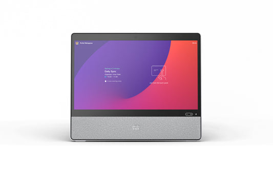 Cisco CS-DESK-K9 | All-in-one desktop video collaboration | touchscreen display | 4K camera, beamforming mics, stereo speakers | USB‑C laptop connect + charge | GbE + Wi‑Fi + Bluetooth | First Light (white)