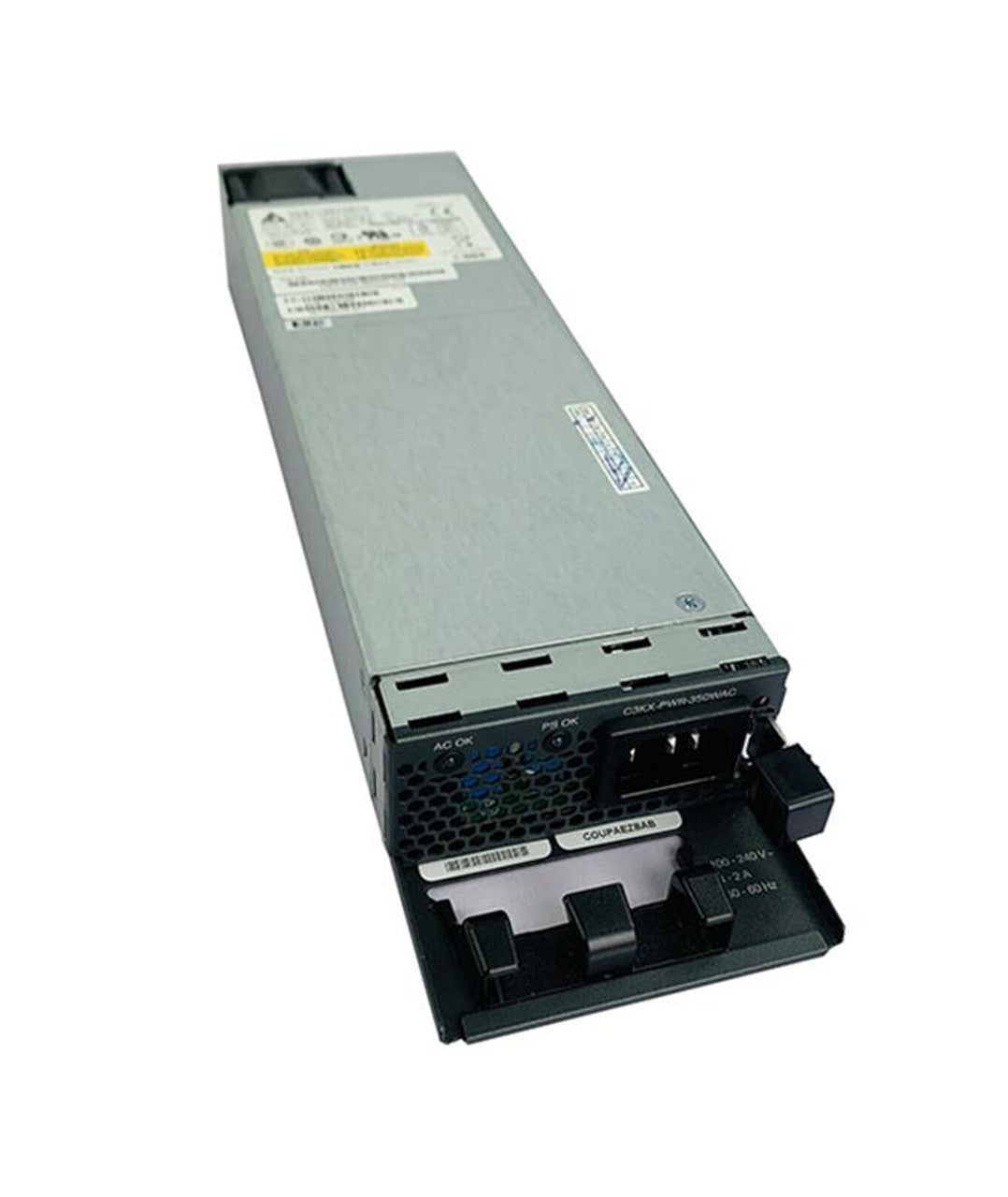 Cisco NXA-PAC-350W-PI silver power supply with black handle and blue LEDs