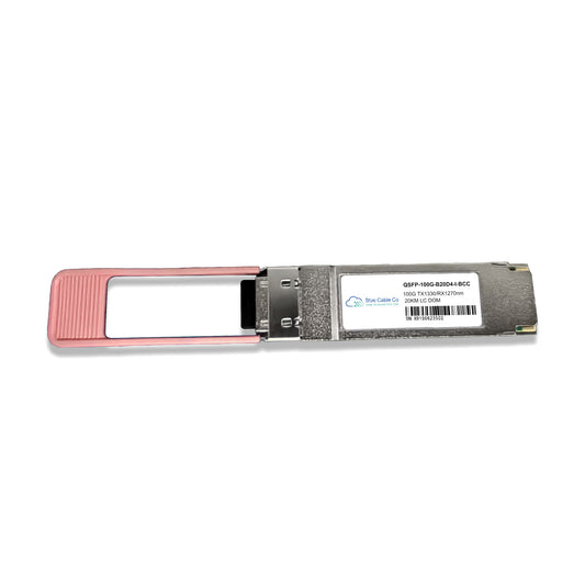 Pink and silver qsfp-100g-s20d4 bcc transceiver module with metallic connector housing for 100gb bidi single-mode 20km use