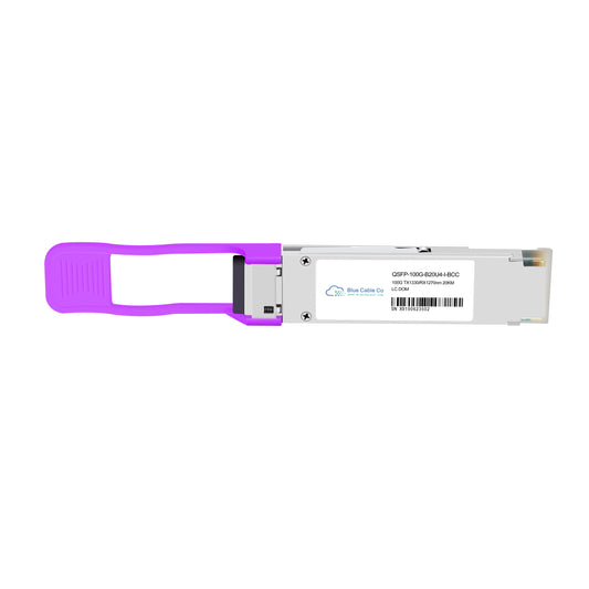 Purple plastic and metal qsfp-100g-s20d4+bcc transceiver module from blue cable co for cisco compatible 100gb bidi 20km