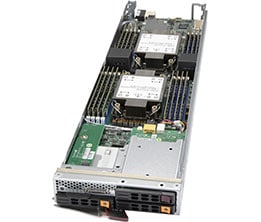 Silver supermicro sbi-420p-1t3n server rack with black cooling fans and green circuit boards for xeon blade server