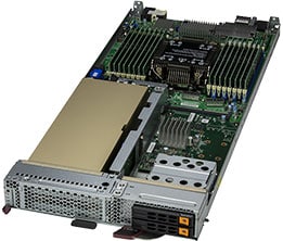 Silver supermicro sbi-611e-1t2n server motherboard with multiple heatsinks and expansion slots for xeon processors