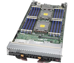 Silver supermicro sbi-620p-1t3n dual-socket blade server with blue ram modules and gold cpu sockets in rack showcase