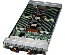 Silver-colored supermicro sbi-621e-1t3n x13 superblade dual-socket server rack with black heat sinks and green circuit boards