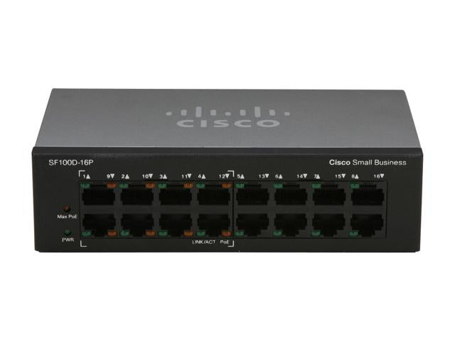 Cisco SF100D-16 16-port Fast Ethernet unmanaged switch with LED indicators