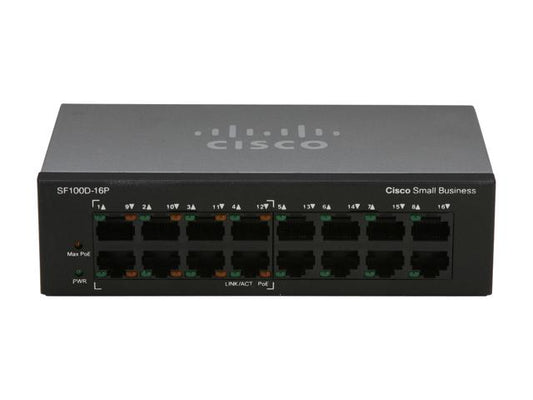 Cisco SF100D-16 | 16x 10/100 Fast Ethernet, non-PoE, unmanaged (no license), 0 uplinks