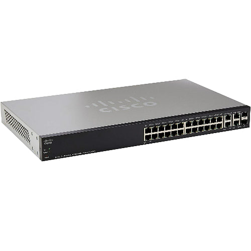 Cisco SF300-24MP-K9 24-port PoE+ switch with silver chassis