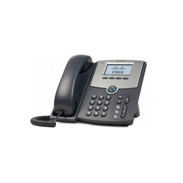 Cisco SPA502G black IP phone with handset, keypad, and LCD screen