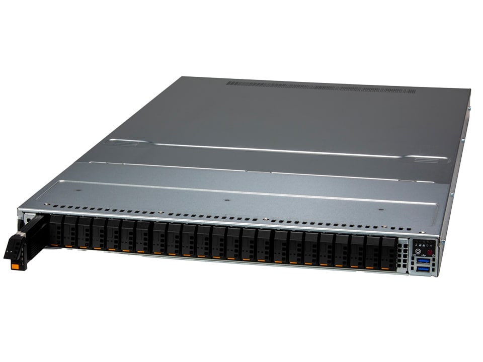Silver metal supermicro ssg-121e-nes24r server rack with 24 black e1.s nvme bays and usb ports front panel