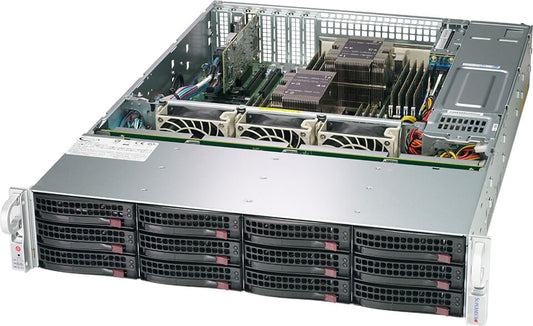 Silver and black Supermicro SSG-620P-ACR12L 2U dual Xeon scalable storage server with 12 drive bays and cooling fans