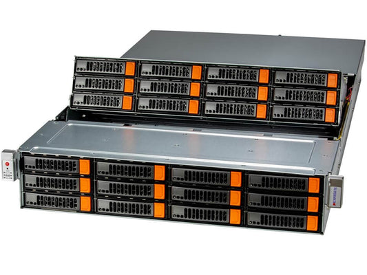 Silver supermicro ssg-620p-e1cr24l 2u rackmount storage server with multiple black and orange drive bays and dual xeon processors